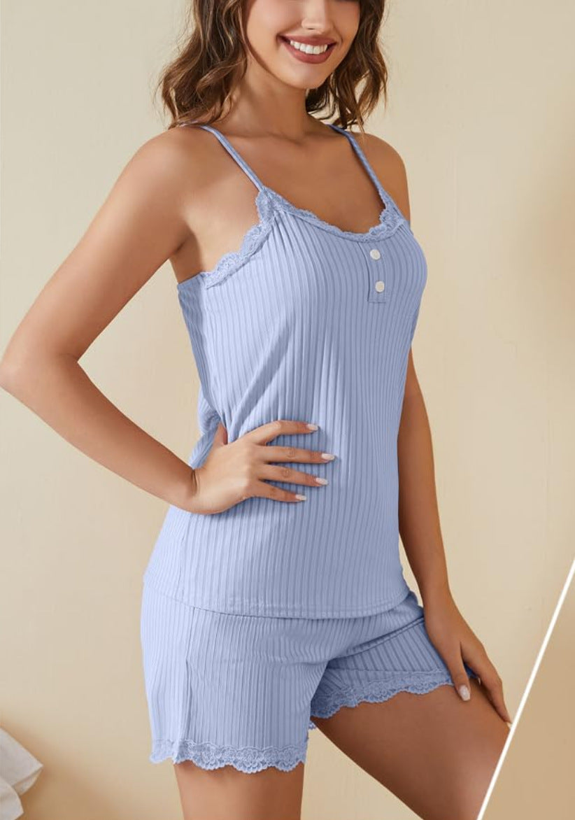 Women's Camisole Shorts Set, Lace Trim Solid Color Casual Loungewear for Women