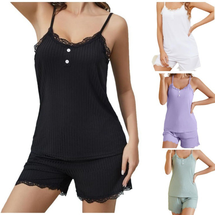 Women's Camisole Shorts Set, Lace Trim Solid Color Casual Loungewear for Women