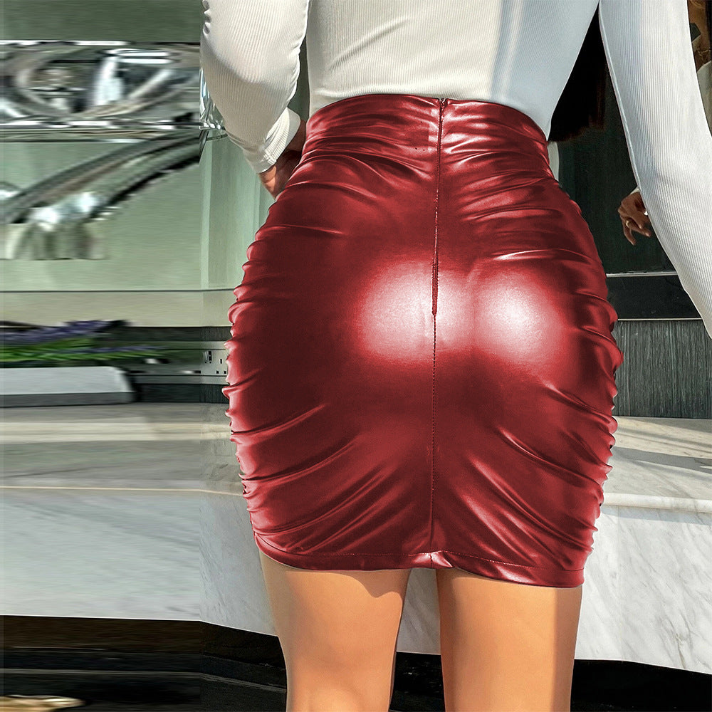 Women's Plus Size Ruched Leather Skirt, Sexy Tight Bodycon Skirt, Faux Leather Short Skirt S-XXL