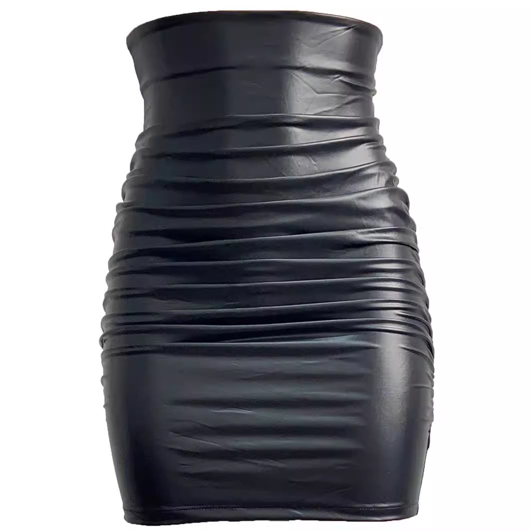 Women's Plus Size Pleated Faux Leather Skirt，Sexy Tight Bodycon Dress，Off-shoulder Short Dress S-XXL
