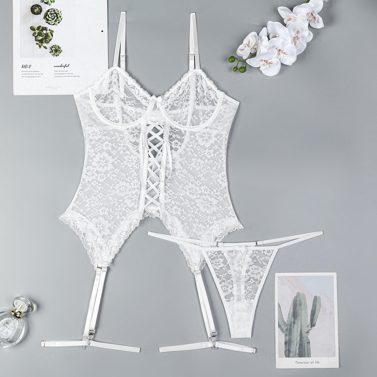 Women's Sexy Lace See-through Lingerie, Cross-tied Strap Two-piece Set