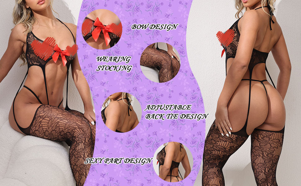 Women's Sexy Lingerie 3 Piece Lingerie Set with Garter Belt Stockings and Panty, Lace Crotchless Teddy Bodysuit