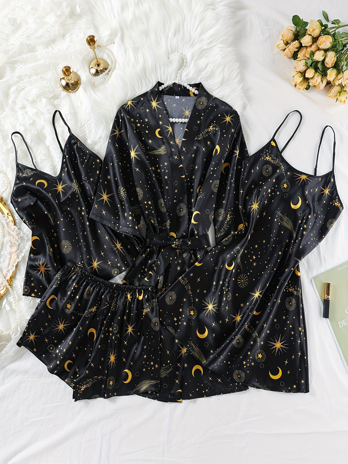 Wholesale European and American Style Imitation Silk Nightgown Black Homewear Four-Piece Set Fashionable Comfortable Lace Trim Pajama Set for Women