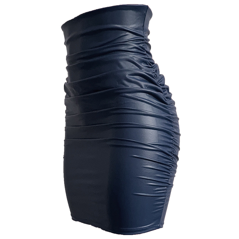 Women's Plus Size Pleated Faux Leather Skirt，Sexy Tight Bodycon Dress，Off-shoulder Short Dress S-XXL