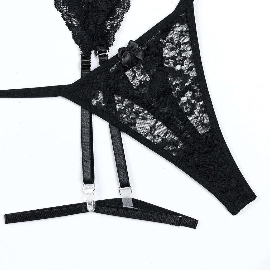 Women's Sexy Lace See-through Lingerie, Cross-tied Strap Two-piece Set