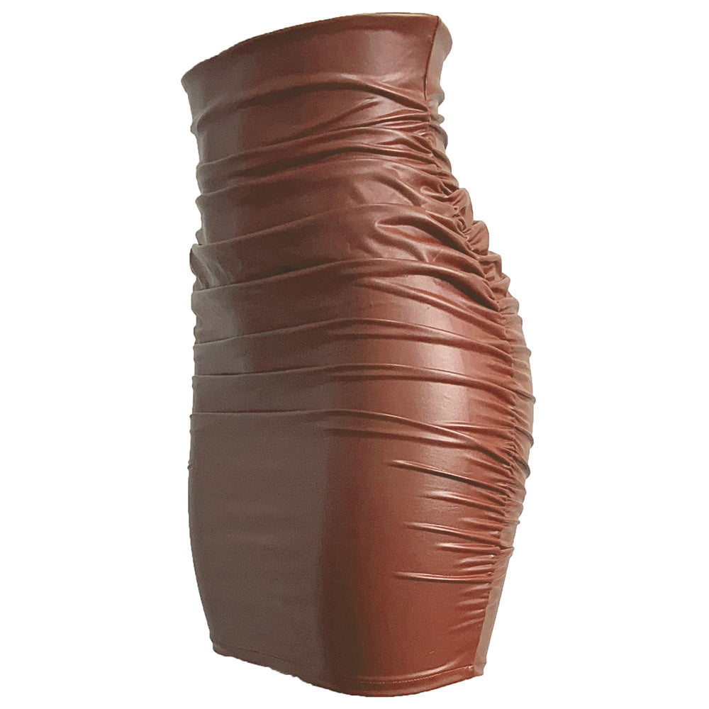 Women's Plus Size Pleated Faux Leather Skirt，Sexy Tight Bodycon Dress，Off-shoulder Short Dress S-XXL